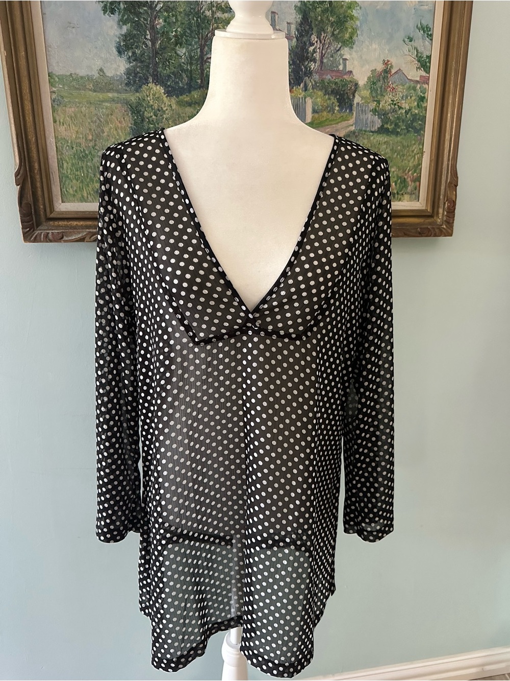 Jones New York Black and White Polka Dot Sheer Blouse